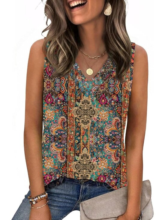 Tops - Women's Spring Summer V Neck Multicolor Mz721 Loose Fit Sleeveless Tops Beach